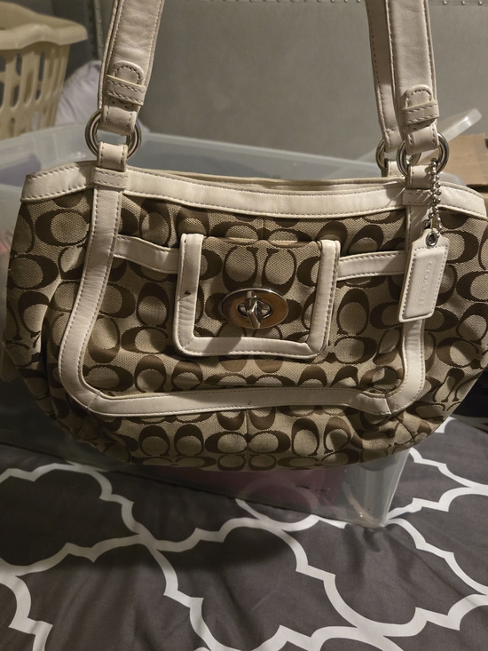 Coach Handbags - Coach Signature Canvas Tote in Khaki with Cream Trim